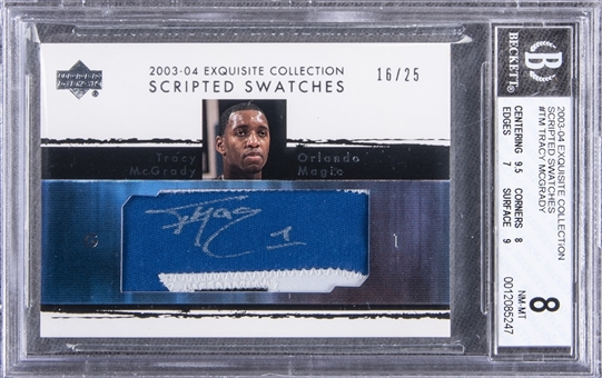 2003-04 UD "Exquisite Collection" Scripted Swatches #TM Tracy McGrady Signed Card (#16/25) - BGS NM-MT 8/BGS 10